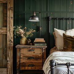 A bedroom with dark green wood paneling, a vintage nightstand made of reclaimed wooden flooring, and a metal headboard. The nightstand was made in the style of reclaimed wooden flooring.