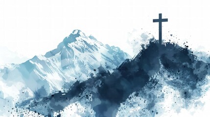 A serene watercolor painting of a cross atop a hill against a backdrop of towering mountains