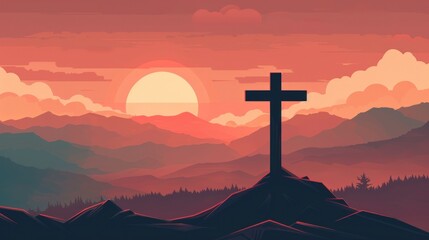 A serene sunset behind a cross on a hill with layered mountain silhouettes
