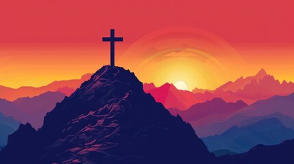 A cross stands atop a mountain against a vivid sunset backdrop