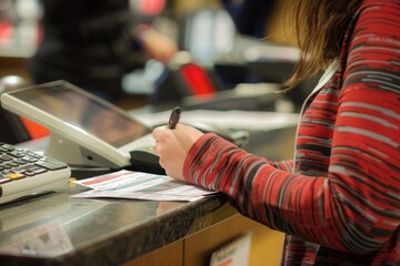 Customer Filling Out Satisfaction Survey at Checkout Counter - obrazy, fototapety, plakaty