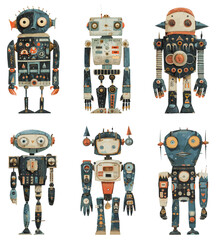 Children drawn robots isolated. Paper collage humanoid robot collection, cartoon android toys machinery