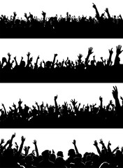 Crowd of cheerful people at concert black silhouette. Celebration party club people silhouettes, crowded sport fans panorama, festival spectators backgrounds