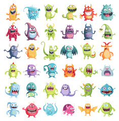 Cute cartoon monsters. Little sweet monster set isolated, furry creatures drawings on white, gremlins trolls beasts characters collection