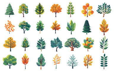 Deciduous and evergreen forest plants icons. Trees collection isolated on white, spruce pine oak ash aspen linden decorative symbols