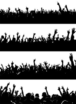 Crowd of cheerful people at concert black silhouette. Celebration party club people silhouettes, crowded sport fans panorama, festival spectators backgrounds