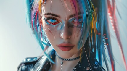 rainbow haired teen glowing blue eyes wear leather clothes cyber tattoo It represents gender diversity and acceptance of things that are different. 