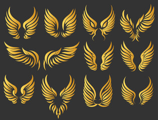 Golden wings for emblems symbols. Birds and angels gold plumage, eagle hawk falcon rising winged silhouettes clipart - 767234510