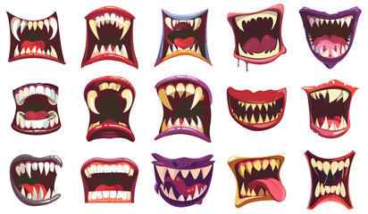 Monster mouths set. Lips tongues teeth fangs monsters isolated elements, vector horror faces designs on white