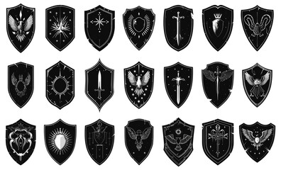Knights shields with coats of arms black on white. Flat monochrome shield set eagle angel sword crown wings sun symbols isolated