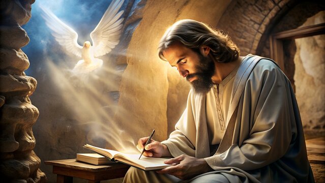 Apostle John on Patmos Writing Revelation Inspired by Holy Spirit