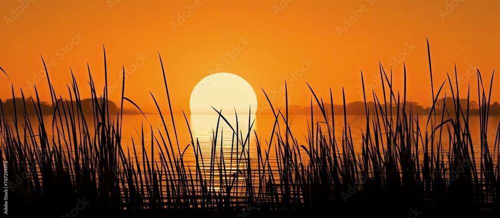 Wall mural Tall grass by lake at sunset with setting sun