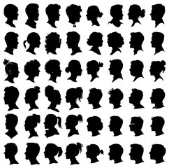 People heads silhouettes. Male and female portrait outline profiles, boys and girls persons face black avatars on white - 767234912