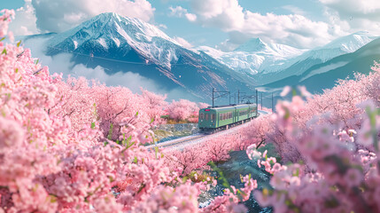 3D rendering of a train running through a spring landscape with pink flowers