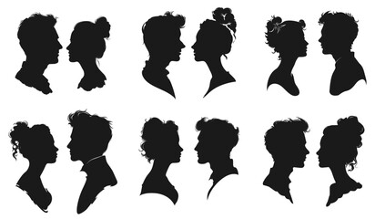 Romantic couple faces silhouettes. Young man and woman profile heads isolated on white background, manly male and refined female love portrait black graphics