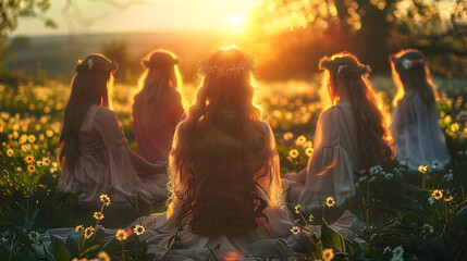 Witches' Spring Equinox Renewal Ritual in Nature. Spring Equinox Meditation by Women in Nature's Blossom - obrazy, fototapety, plakaty