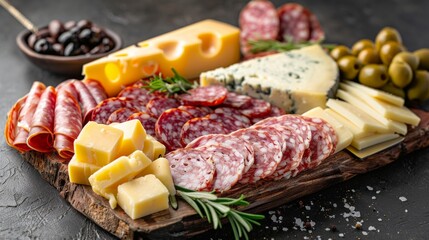 Food tray with delicious salami, pieces of sliced ham, sausage, tomatoes, salad and vegetable - Meat platter with selection - Cutting sausage and cured meat on celebratory table.