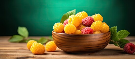 A bowl of fresh raspberries on a wooden surface