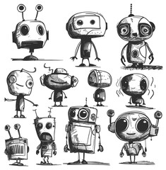 Scribble robots. Robotic monsters black doodles, cyborg kids sketch, metal aliens drawings on white