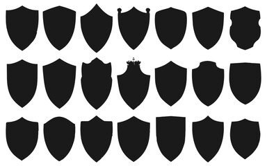 Shields of different shapes. Black armour shield signs isolated, award shape emblems, heraldic knights badges patch vector set