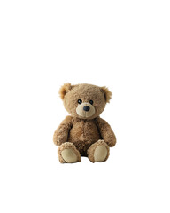brown teddy bear in a felt hat sits on a white isolated surface, cute baby toy