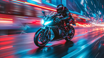 Motorcycle rider riding fast on the road with motion blur background.