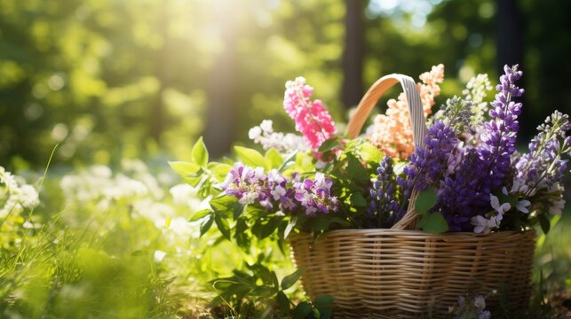 Minimalistic summer background with wooden basket of wildflowers and free space for text