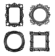 Vintage engraving frames. Carving old antique frame set etching isolated on white, round and rectangular interior floral carved ornament wooden border
