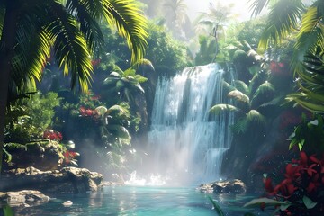 Hidden Waterfall in a Jungle - A secluded waterfall tucked away in a lush and vibrant tropical forest.

 - obrazy, fototapety, plakaty