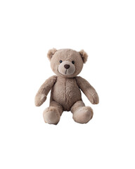 Obraz premium brown teddy bear in a felt hat sits on a white isolated surface, cute baby toy