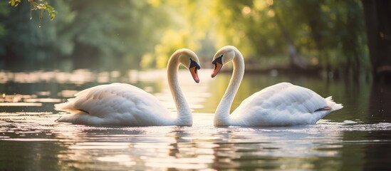 Two swans swimming gracefully in the water - obrazy, fototapety, plakaty