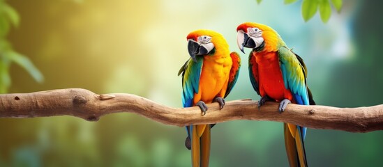 Two colorful birds perched on a tree branch - obrazy, fototapety, plakaty