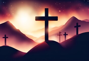 A cross on a mountain at sunset, perfect for Good Friday background with copy space.