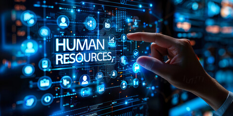 Business professional interacting with futuristic interface displaying icons and Human Resources, concept of using technology and data to streamline HR processes and workforce management - obrazy, fototapety, plakaty