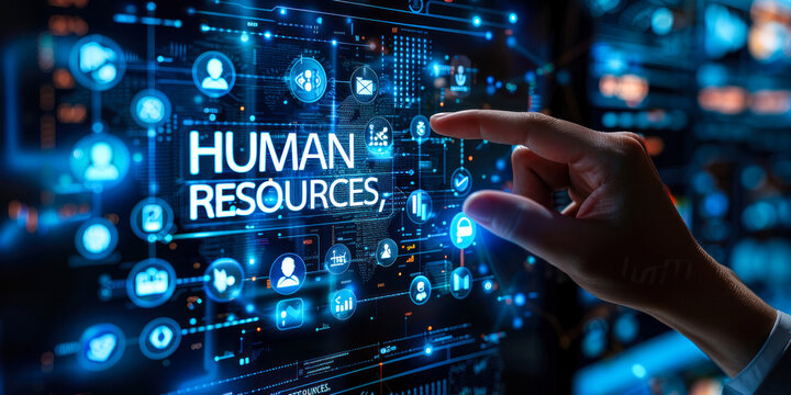 Business professional interacting with futuristic interface displaying icons and Human Resources, concept of using technology and data to streamline HR processes and workforce management