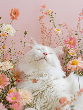 White persian cat lying on pink background with flowers, stock photo. 