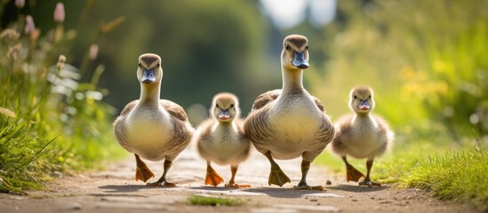 Three ducks walking on a dusty path - Powered by Adobe