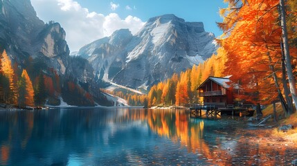Colorful autumn landscape in Italian Alps, Naturpark Fanes-Sennes-Prags, Dolomite, Italy, Europe. Beauty of nature concept background Ai Generated  - obrazy, fototapety, plakaty