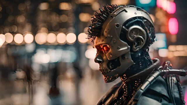 Cyberpunk robot criminal hacker. Science fiction skull faced cyborg with mohawk hair