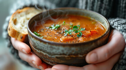 Hands holding a bowl of tomato soup with herbs, steaming hot.