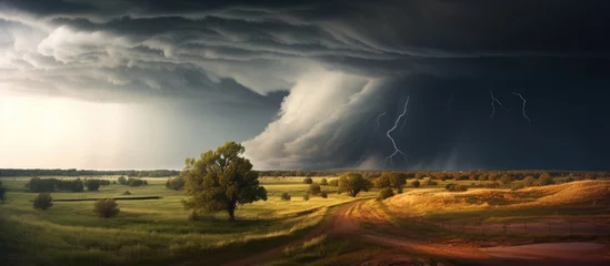 Fotobehang View of storm over rural field with dirt pathway © Ilgun