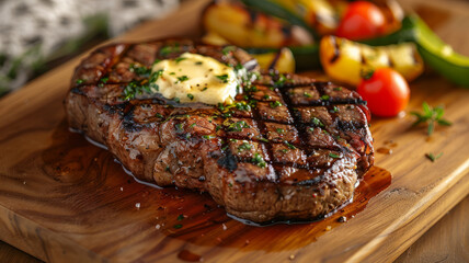 Grilled steak with butter and vegetables.