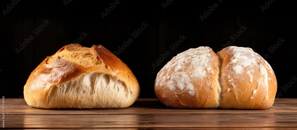 Poster Two bread loaves on wooden table against black backdrop