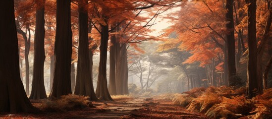 A path winding through a dense forest with fallen leaves
