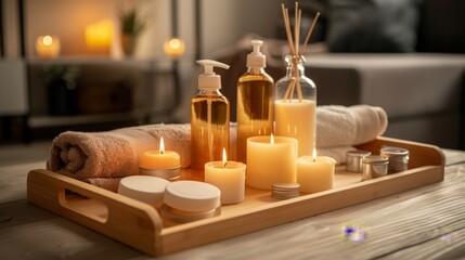 Fototapeta na wymiar Professional spa treatment and relax aromatherapy in a tray in a cosy room for luxury or wellness on