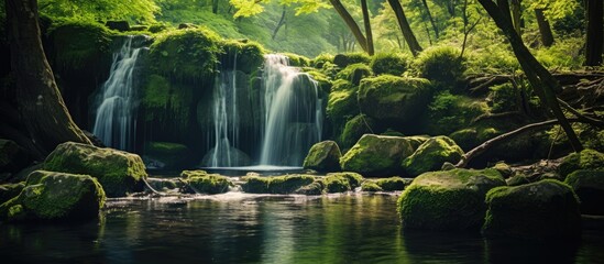 A waterfall in a lush forest with moss-covered rocks