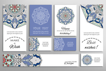 Big set of greeting Cards or wedding Invitations. Postcards template with inscription Make a Wish, Best Wishes, Happy Birthday. Banner, business cards with mandala ornament. Isolated design elements