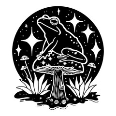 Black and white illustration featuring a frog perched atop a mushroom against a backdrop of stars and cosmic patterns.