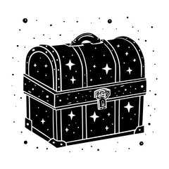 A black and white illustration of a treasure chest adorned with stars, capturing a theme of mystery and celestial wonder.