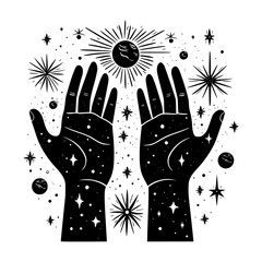 Fototapeta na wymiar Black and white illustration of mystical hands with celestial bodies and cosmic patterns, symbolizing magic and astrology.